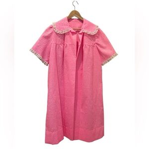 Vintage Handmade House Coat Pink Short Sleeve Lace Trim Size Large